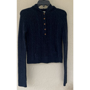 VTG Y2K Abercrombie & Fitch Navy Cable Knit Hooded Sweater 2XS Wool Blend Bella